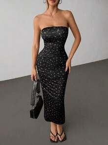 Vestido mini ajustado sin tirantes con estampado floral diminuto de verano - Negro - Ver 8