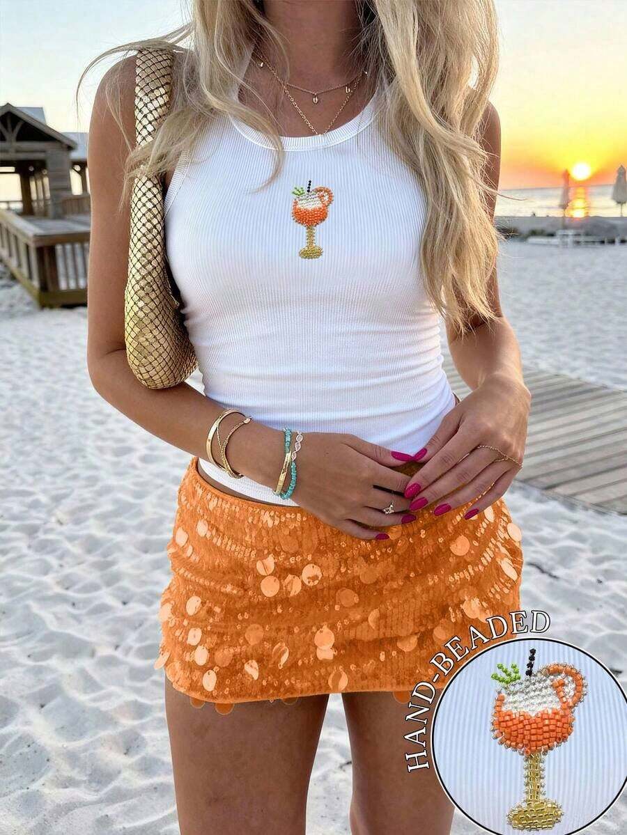 Top de camisola casual de vacaciones para mujer decorado con cuentas y estrellas de mar - Blanco 4 - Ver 1