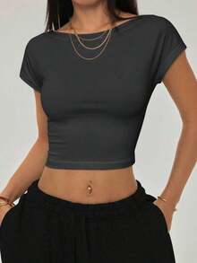 Camiseta negra con espalda abierta, adecuada para talla pequeña, para verano - Gris Oscuro - Ver 6