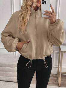 Women's Zip-Up Drawstring Long Sleeve Casual Hooded Sweatshirt Jacket,Airport Women Outfits,Three Quarter Sleeve Tops In Fall/Winter - 卡其色 - 查看 1