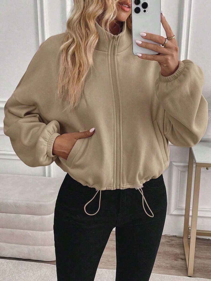Women's Zip-Up Drawstring Long Sleeve Casual Hooded Sweatshirt Jacket,Airport Women Outfits,Three Quarter Sleeve Tops In Fall/Winter - 卡其色 - 查看 1