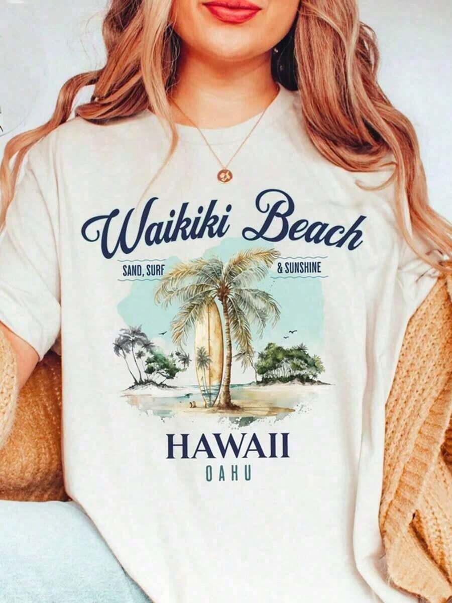 100% cotton Camisetas Divertidas, Camiseta de Playa Waikiki, Camiseta de Surf Oahu Hawái, Unisex - Blanco - Ver 1