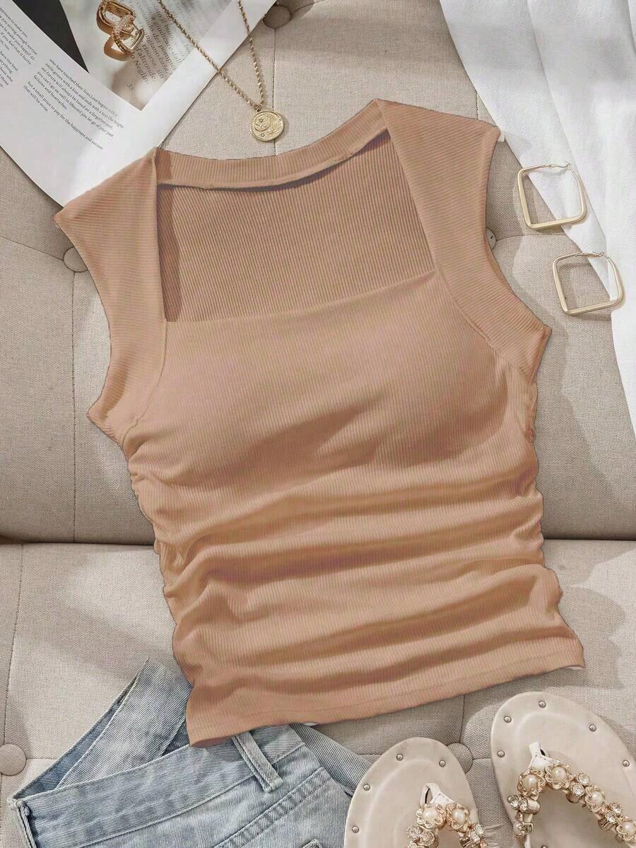 Camiseta sin tirantes con cuello cuadrado, cintura fruncida y sujetador acolchado sin aros - Caqui - Ver 1