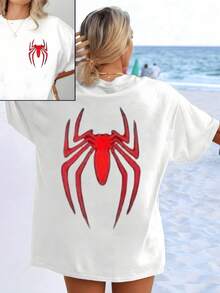 Red Spider Symbol Representing Strength, Courage, And Creativity In Balance On A White Background, Conveying Energy And Protection. Women's T-Shirt With A Modern Casual Double Print. - 白色 - 查看 1