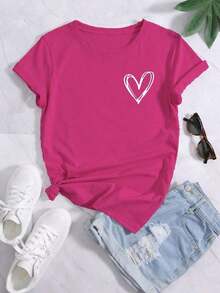 Women's T-Shirt With Heart Print And Round Neck - Fuchsia Pink - View 1