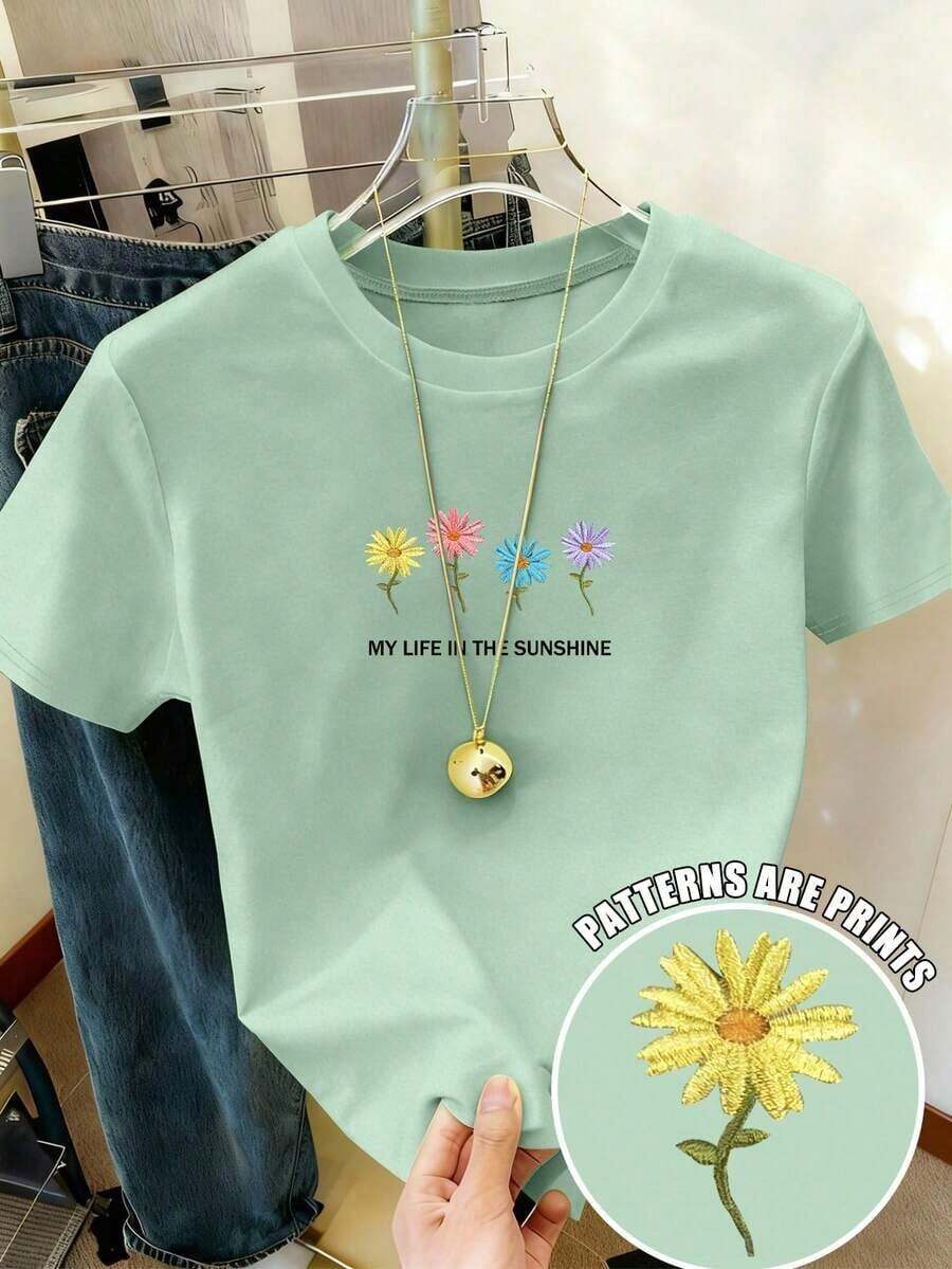 Crew Neck T-Shirt With Slogan Print And Minimalist Floral Embroidery In Plus Size - Mint Green - View 1