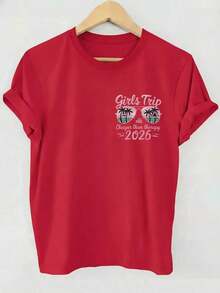 Girls' Travel T-Shirt With Front And Back Graphics 2026, Beach Vacation Style With Palm Trees And Sunglasses, Suitable For Summer Vacation, Women's Solid Color Short Sleeve Casual Top, Round Neck Design, Double-Sided Graphics In Black. - 紅色 - 查看 2