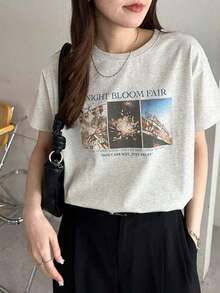 Women's Short-Sleeved T-Shirt, Light Gray, With Retro Amusement Park Fireworks Print, 100% Cotton, For Daily Wear, Breathable, Domestic Export, Women's Clothing, Summer Clothing, New Model, Solid Color Design, Regular Length, Made Of Pure Cotton Fabric, Comfortable To Wear, Machine Washable. - 淺灰色 - 查看 2
