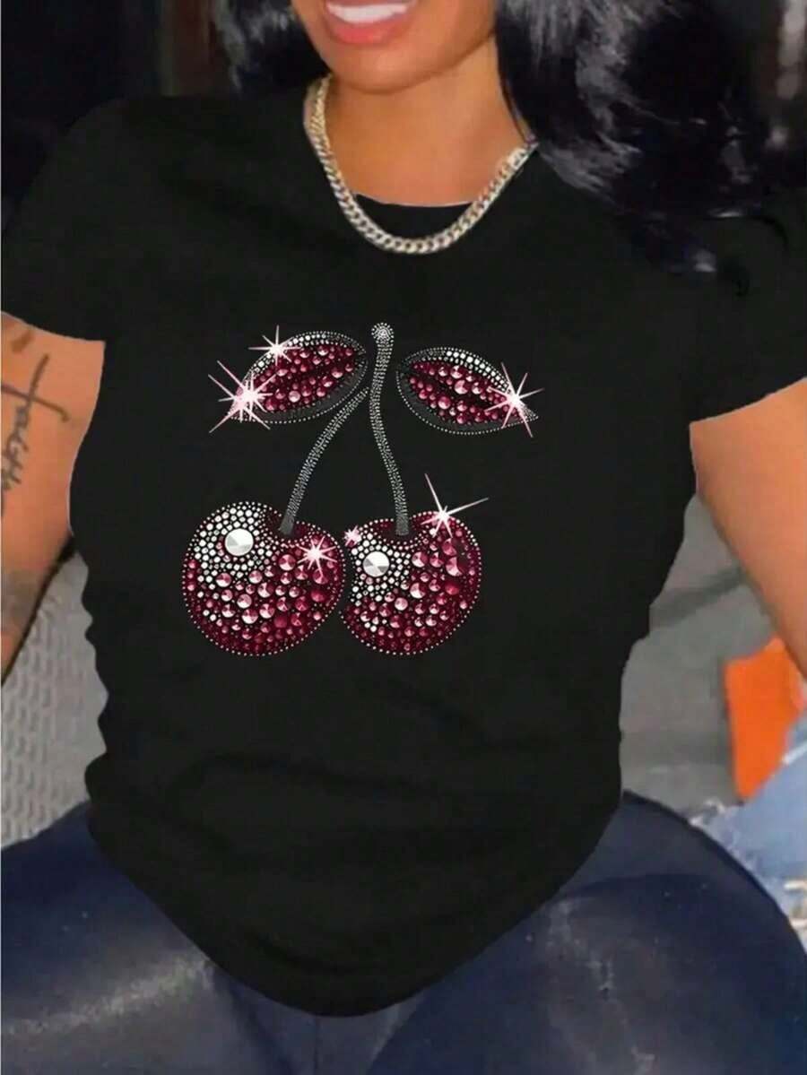 Cherry, Strawberry, Lemon 1 Glitter Casual Sweet Party Elegant None Beach Holiday Sporty Office Home Comfortable Cherry Print Crew Neck T-Shirt, With Party And Holiday Atmosphere, Black Blouses For Women, For Spring/Summer - 黑色背景,紅色 - 查看 1