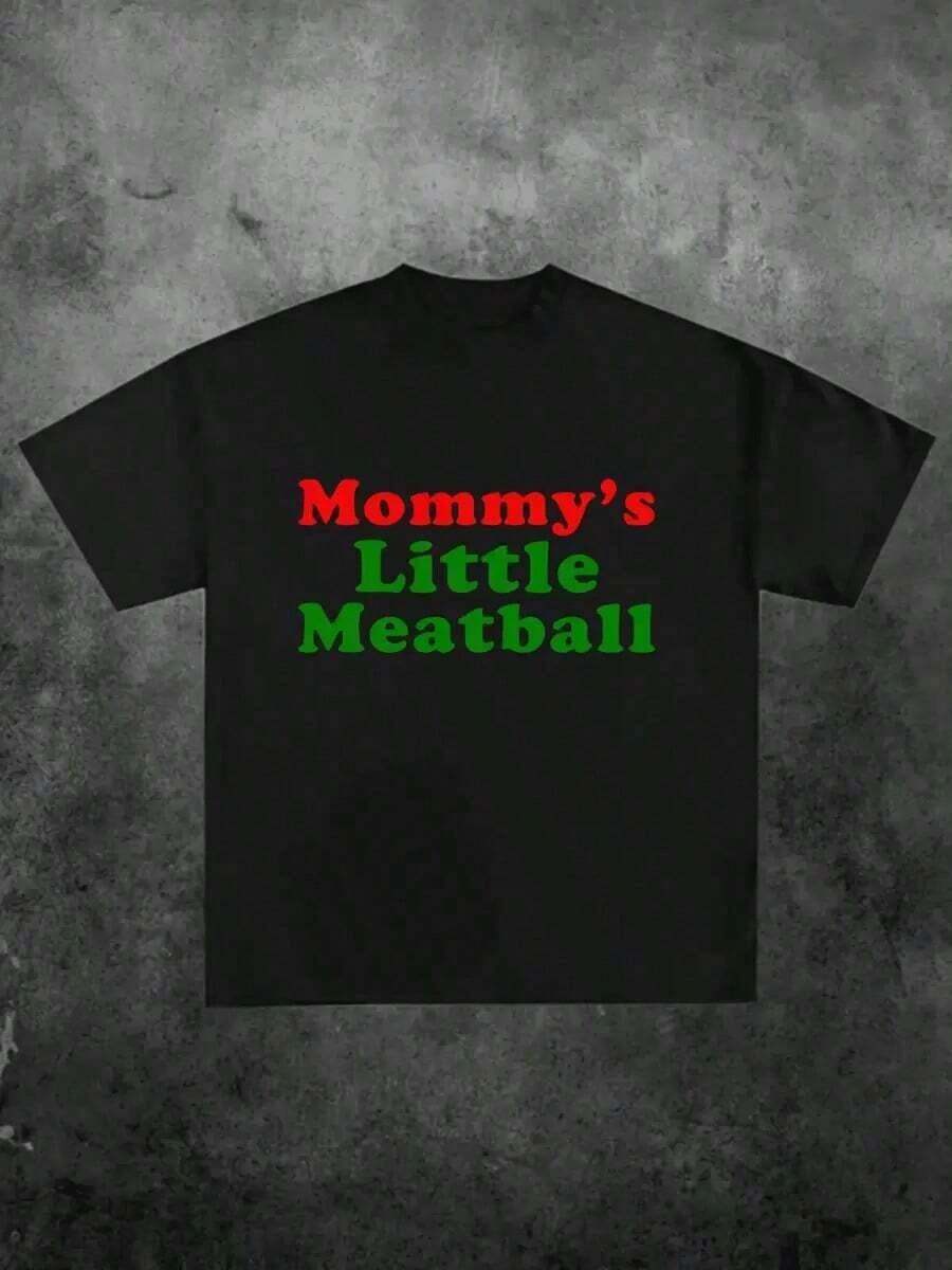 1 Piece "Mommy's Little Meatball" Printed T-Shirt, Casual Print, Comfortable And Versatile, With Letter Pattern, 100% Pure Cotton, 220g, 180g 100% Cotton - 黑色 - 查看 1