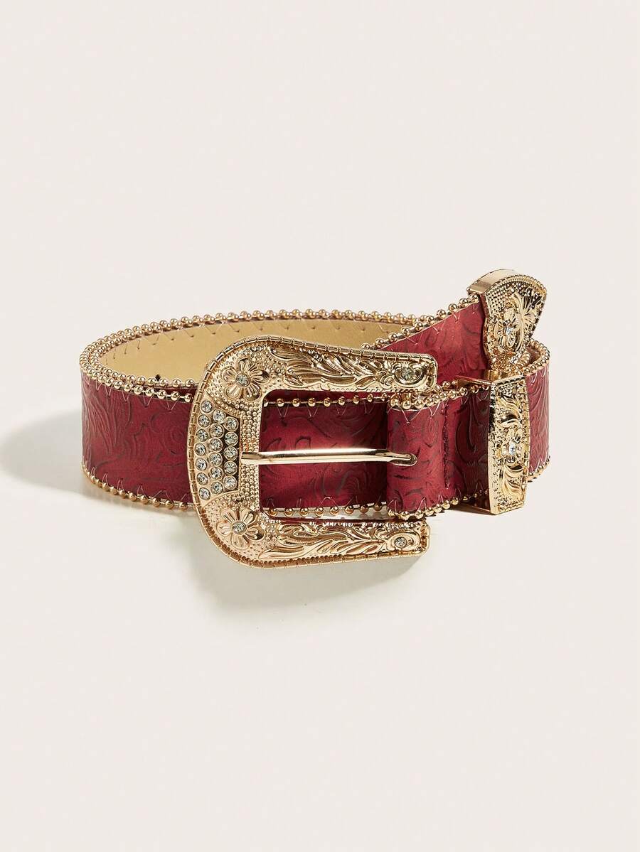 1pc Women's Heavy Beaded Edged Red Western Style Belt, Suitable For Cowgirl - Red - View 1