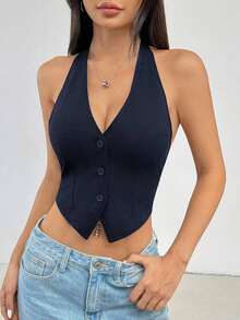 Top sin mangas de verano de color liso con escote en la espalda y cuello colgante para damas - Azul marino - Ver 5