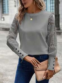 Blusa de mujer con mangas de encaje floral, parches y tejido de gofre, color blanco - Gris - Ver 5