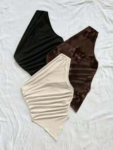 3 piezas Conjunto informal de verano de 2 piezas para mujer con parte superior de hombro asimétrico y bajo asimétrico, adecuado para volver al colegio, té de la tarde, casual, invitada a boda en la playa, brunch de graduación, Día de San Patricio, - Multicolor 6 - Ver 4