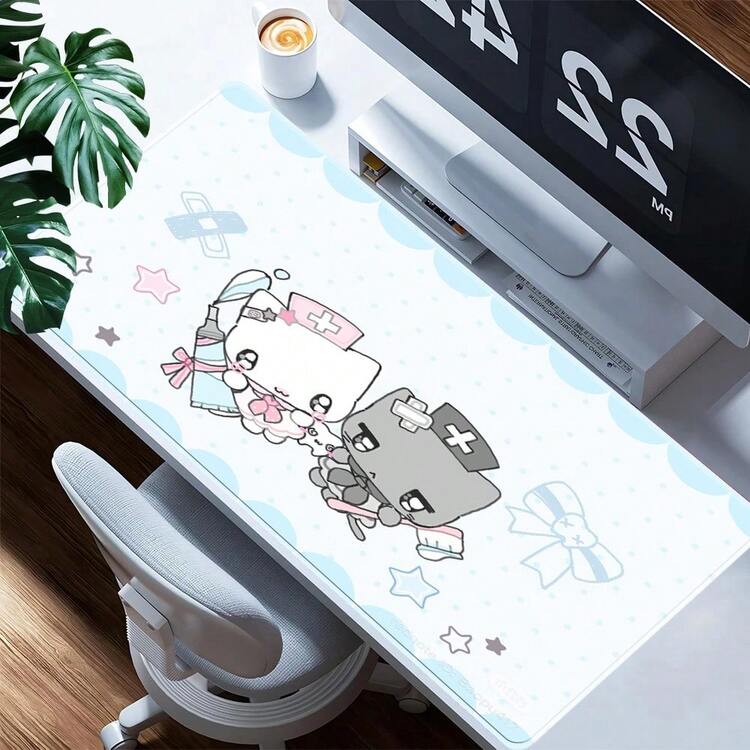 1 Tấm lót chuột lớn hình mèo y tá dễ thương, nền chấm bi xanh pastel với hình mèo y tá đáng yêu, thảm lót bàn làm việc chống trượt cỡ lớn dành cho chơi game/văn phòng, tấm lót bàn phím thẩm mỹ y tế quyến rũ dành cho người hâm mộ trang trí phòng. - Hoạt hình - Xem 3