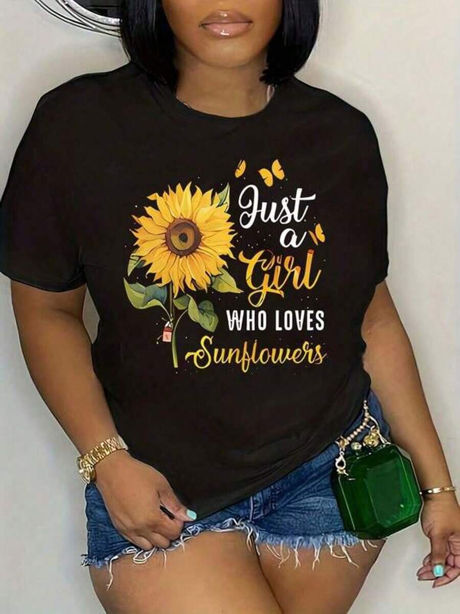 1 Piece Of Plus Size T-Shirt With Sunflower And Letter Print, Casual Short Sleeve Round Neck Top For Spring And Summer, Plus Size Women's Clothing, 180g 100% Cotton. - 黑色 - 查看 1