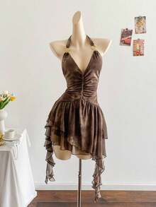 Vestido azul impreso de malla de punto con escote de halter romántico de vacaciones para mujeres - Marrón - Ver 8