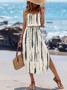 Vestido midi sin mangas con efecto tie-dye, con cintura ajustable y abertura, para el verano - Multicolor 2 - Ver 1