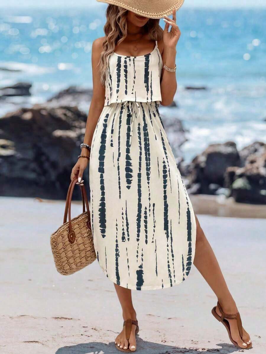 Vestido midi sin mangas con efecto tie-dye, con cintura ajustable y abertura, para el verano - Multicolor 2 - Ver 1