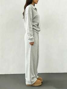 Conjunto de 2 piezas para mujer con camiseta de manga larga de hombros caídos de cuello en V a rayas y pantalones a rayas de cintura elástica, traje de suéter de invierno, otoño/invierno - Gris - Ver 5