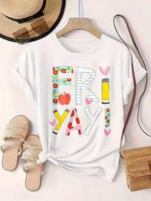 Women's Casual T-Shirt - F R I Y A Y - Summer T-Shirt With Floral Heart And Apple Pencil Print, Round Neck, Machine Washable, Women's T-Shirts, Casual Outfit, Modern Style, Comfortable Fit
Black 100% Cotton Durable - 白色 - 查看 2