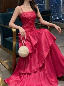 秋季女款優雅時尚玫瑰紅派對畢業禮服復古正式晚宴舞會婚禮禮服 - 玫紅色 - 查看 2