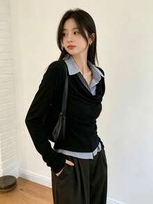 YCYC 女款韓系時尚百搭領口修身顯瘦 2 合 1 垂領拼接條紋長袖襯衫 黑色 - 黑色 - 查看 2