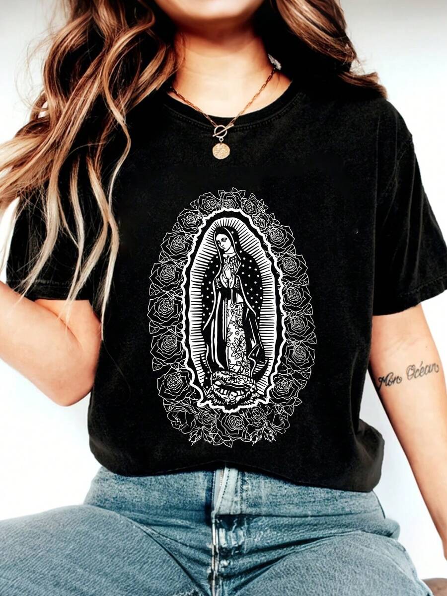 Camiseta de mujer con estampado de Nuestra Señora de Guadalupe y diseño floral, camiseta casual de manga corta con cuello redondo, adecuada para uso diario - Camiseta unisex de algodón holgada de manga corta con cuello redondo estilo vintage, blusas para mujer. blusas.blusas casuales para dama. - Negro - Ver 1