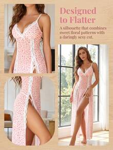 2-Piece Sexy Lingerie Sleepwear Set For Women – Includes Lace V-Neck Chemise Nightdress And Matching Panties, Sheer Mesh Nightwear With Side Split, Enhances Feminine Charm, Perfect For Daily Wear, Romantic Nights - Hồng - Xem 3