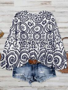 Bamboo Long-Sleeved Blouse With Knot And Patch Print, Comfortable And Casual, Plus Sizes For Women, Spring - Navy Blue - View 9