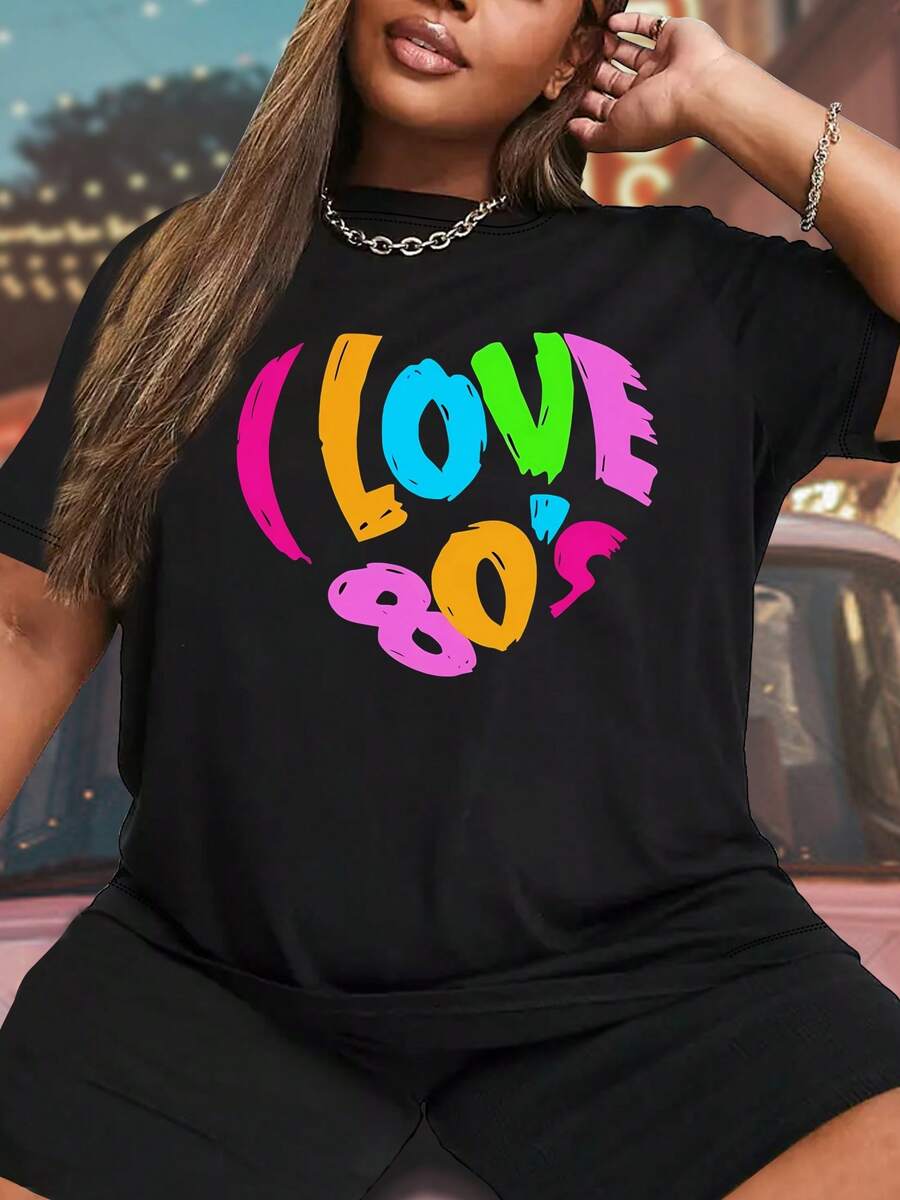 Plus Size Women's T-Shirt - Stretch Graphic T-Shirt With LOVE Lettering In Neon Pink And Yellow - Casual And Machine Washable Top, One Size, For All Seasons - Black - View 1