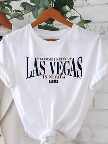 Women's Cotton T-Shirts With Round Neck, Casual Travel Style, Printed With The Phrase "Welcome To Las Vegas", Short Sleeve T-Shirt For Spring/Summer, Simple T-Shirt For Everyday Use. - 白色 - 查看 1