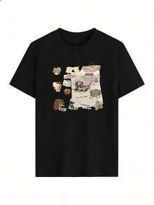 Cute Character Collage T-Shirt With Scrapbook Elements,  Short-Sleeve T-Shirt For Spring/Summer 2026, Made In Mexico, 180 Grams. Cartoon Print, Couple Design, Suitable For Indoor Or Outdoor Wear. Crew Neck, Unisex, Ideal For Office And Leisure. One-Pack. - BK-P631577SLNDXZGY506 - 查看 2