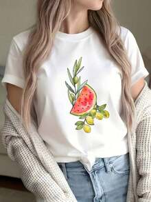 Women's 100% Cotton 180g Casual T-Shirt With Fruit Print - Geometric Watermelon Design, Breathable, Loose Fit, Crew Neck, Short Sleeve, Suitable For Casual Wear, Parties, Work And All Seasons (White/Black, Sizes S-XXL), Comfortable Fabric, Fun Design, Versatile Style For Everyday Wear, Durable - 白色 - 查看 4