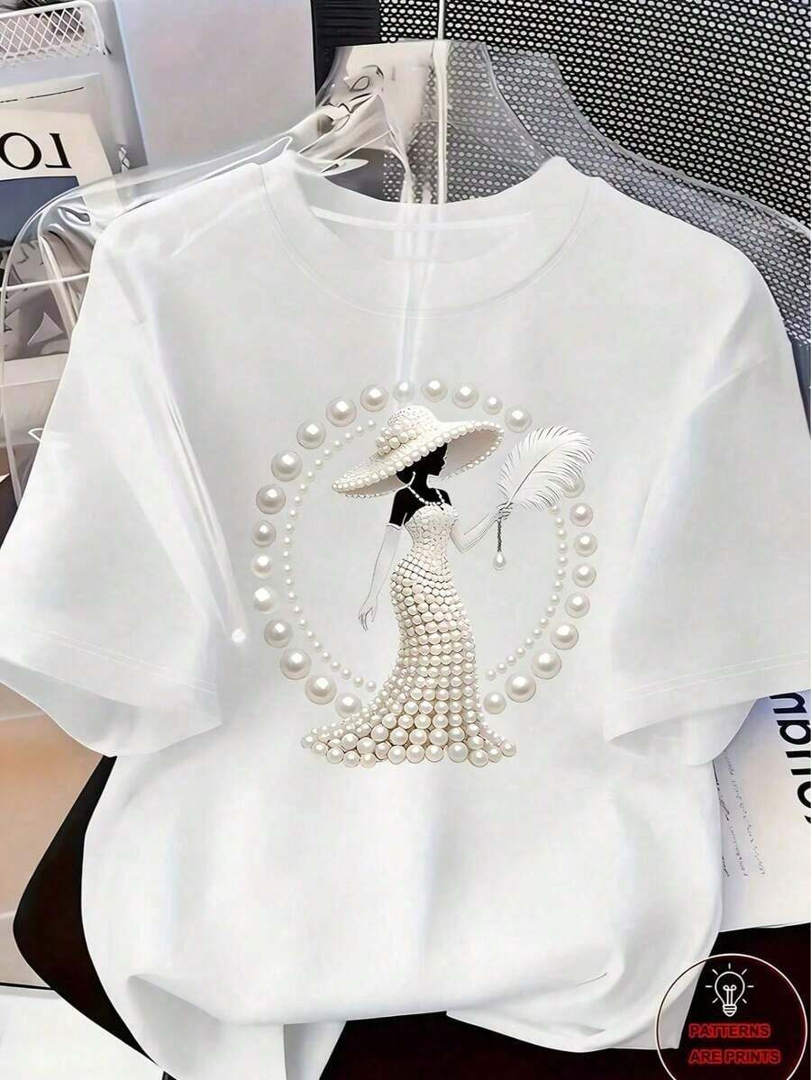 ¡Nueva Colección 2026 de Ropa Elegante, Lujosa y de Estilo Chic de Alta Gama!Camiseta Estampada de Talla Grande para Mujer - Adornada con Perlas de Imitación y Cristales, Diseño Elegante y Lujoso para Uso Diario Casual, Top de Manga Corta con Cuello Redondo para Primavera/Verano, Blanco, Transpirable y Cómodo