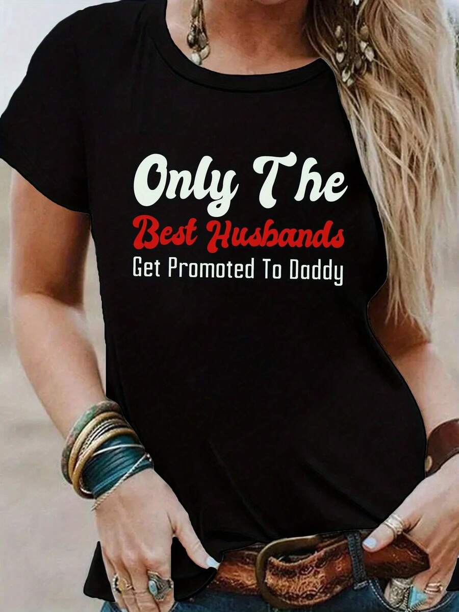 Women's T-Shirt With Print: Husband PROMOTED TO FATHER ROLE - Black - View 1