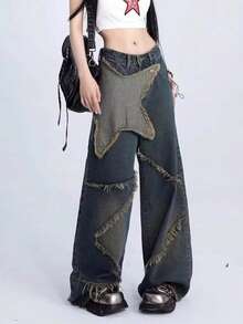Y2K American Retro Style Wide Leg Jeans With Star Patches, High-Waisted Loose Fit With Distressed Edge - 深藍色 - 查看 2