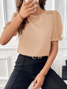 Blusa con mangas abullonadas, blusas de manga corta - Caqui - Ver 7