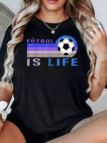 Soccer Ball Alongside Colorful Stripes Symbolizing Passion, Energy And Love For The Game, Showcasing Strength And Sporting Joy. Comfortable Casual Women's T-Shirt For Everyday Wear - 黑色 - 查看 1