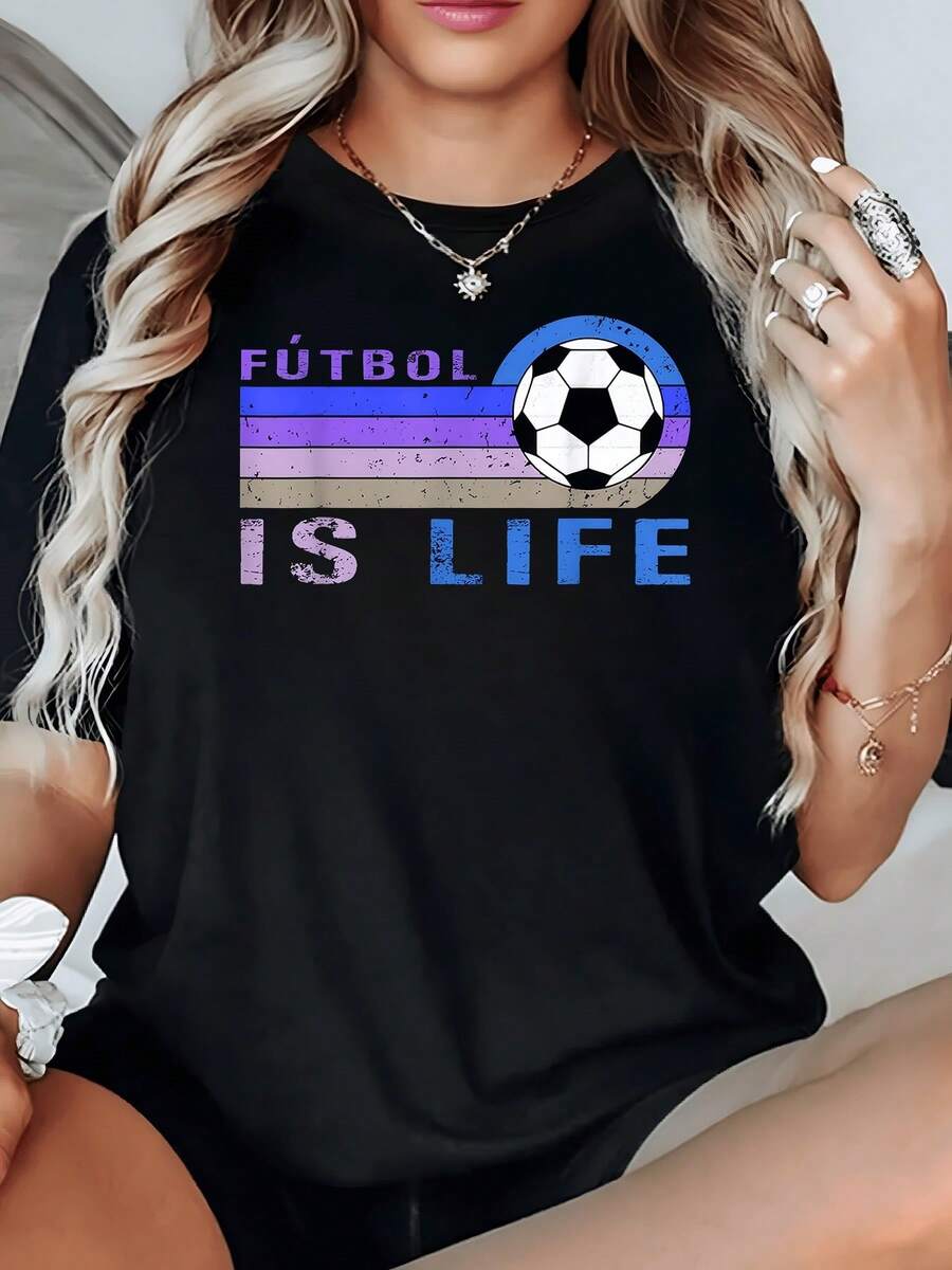 Soccer Ball Alongside Colorful Stripes Symbolizing Passion, Energy And Love For The Game, Showcasing Strength And Sporting Joy. Comfortable Casual Women's T-Shirt For Everyday Wear - 黑色 - 查看 1
