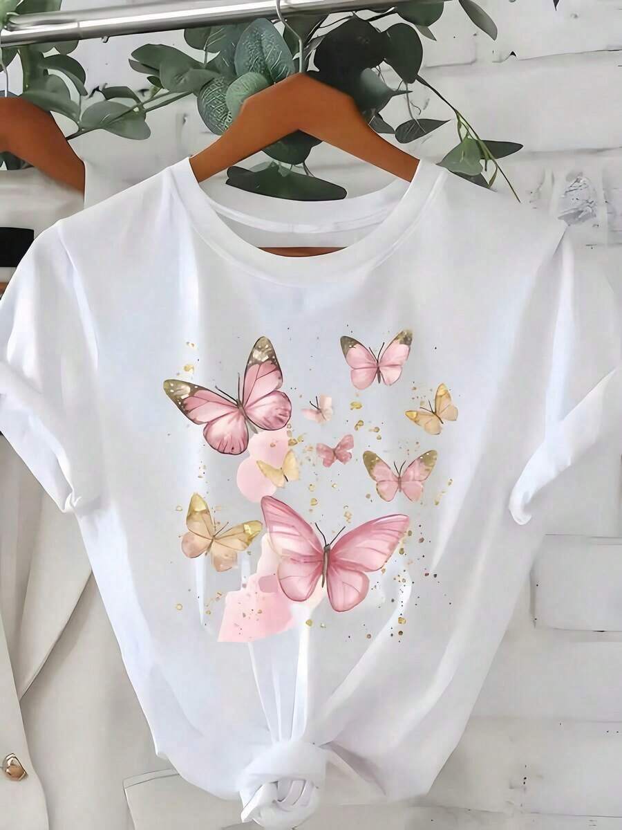 Minimalist. 1 Pack. 100% Cotton. 1 Piece. Women's White T-Shirt With Pink Butterfly Print, Crew Neck, Casual Cotton Tee, Medium Stretch Knit Fabric, Regular Fit For Women And Girls In Spring/Summer/Fall. Summer Crew Neck.