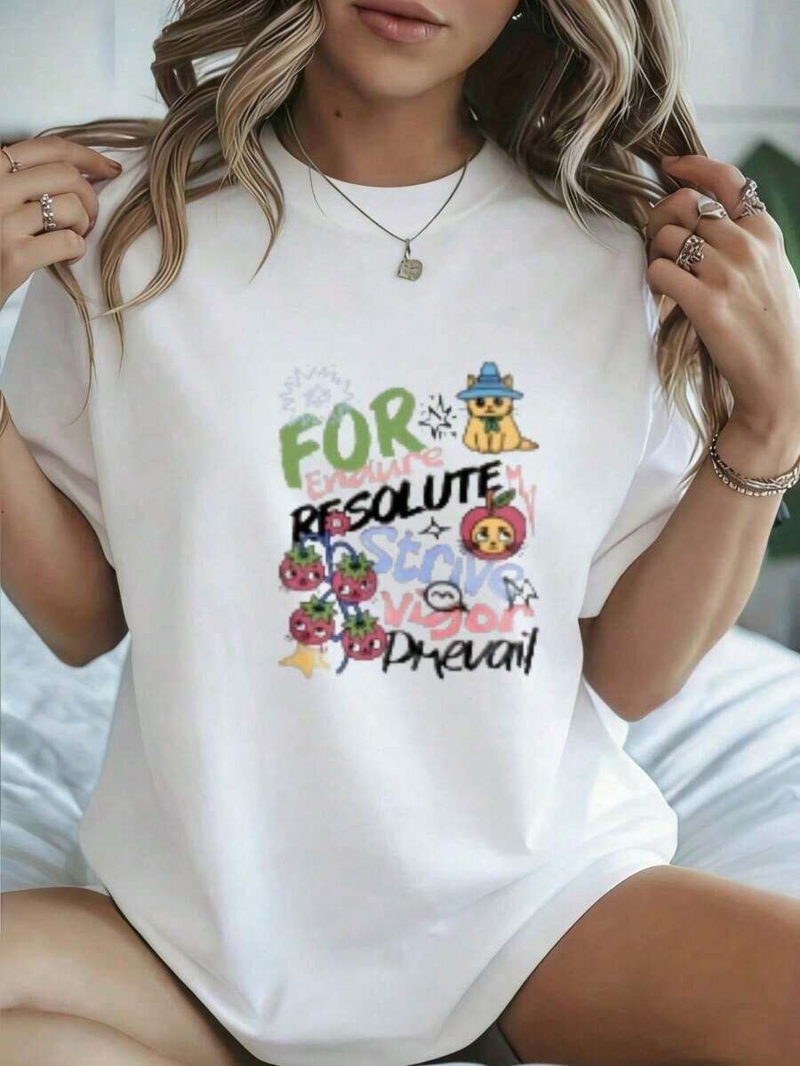 Soft 100% Cotton T-Shirt. Casual, Versatile, Cute And Colorful Women's T-Shirt With Fruit And Cat Prints, Suitable For Everyday Wear, Summer Style, Comfortable, Loose, Breathable, Cotton, Goes With Everything. - 白色 - 查看 1