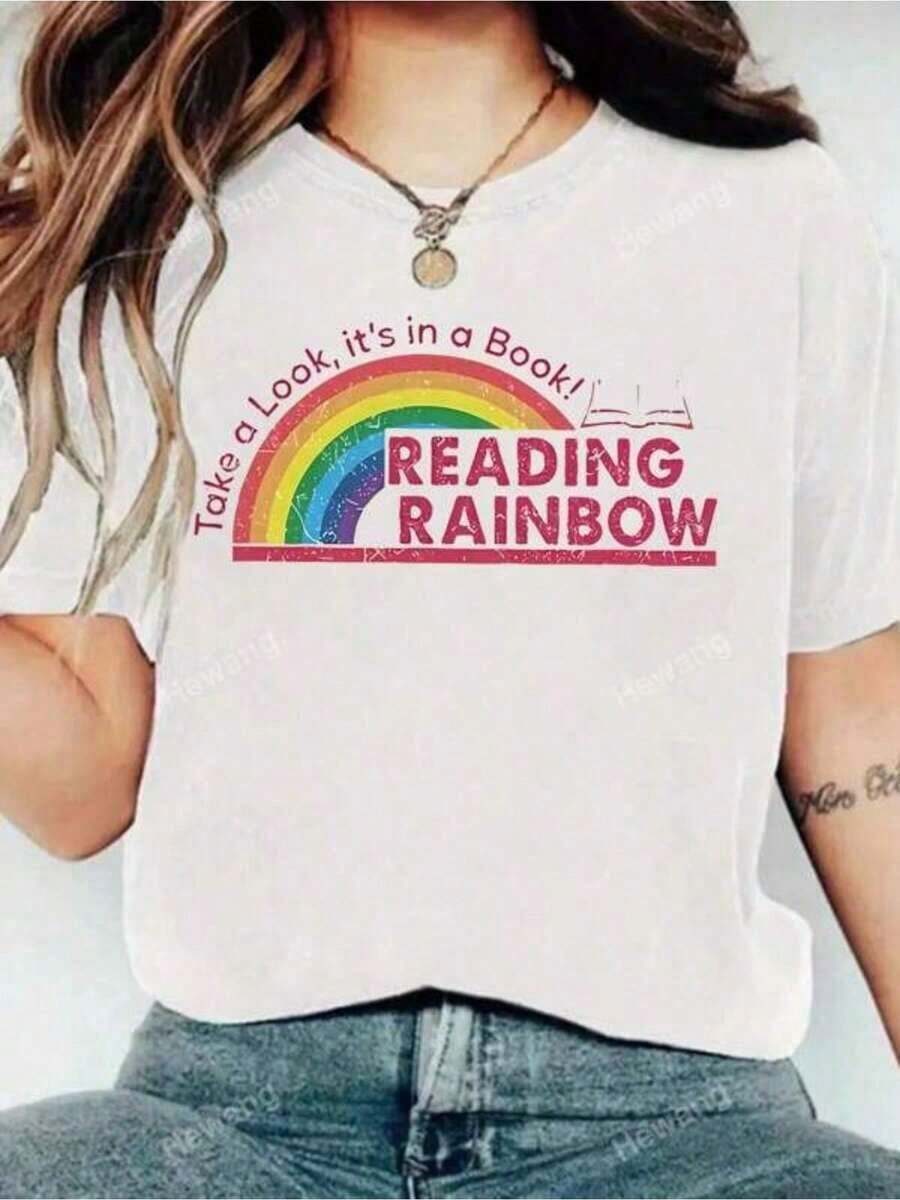 1 Piece Of Women's Summer T-Shirt, White T-Shirt With Fun Reading Rainbow Graphic, Casual, Soft, Pure Cotton, Printed, 180g, 100% Cotton. - 白色 - 查看 1
