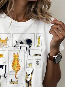 Women's Short-Sleeved Cotton T-Shirt With A Printed Design. | Multiple Cats In Playful Poses, Cool Hand-Drawn Style, An Eye-Catching Item For Everyday Wear, Casual Crew Neck, Slightly Stretchy Fabric, Regular Length. 9PFY - 白色 - 查看 5