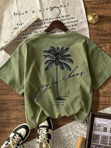 Women's Short-Sleeved T-Shirt With Round Neck And Palm Print, Summer Beachwear For Vacation. - 軍綠色 - 查看 2