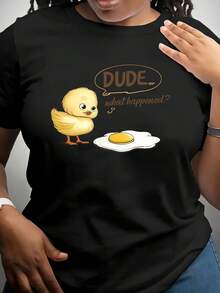 The Chick's Surprised Expression Upon Seeing The Fried Egg Is Adorable. This Women's Casual Short-Sleeved Crew Neck T-Shirt Is Made Of A Soft, Breathable Fabric, Is Machine Washable, And Has A Regular Fit. It's A Comfortable T-Shirt For Everyday Wear, Suitable For Summer. Artistic Pattern P - 黑色 - 查看 7