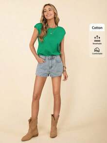 Camiseta de cuello redondo sólida, casual para el verano - Verde - Ver 2