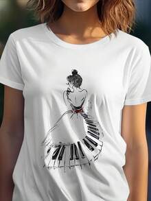 Elegant Women's T-Shirt With Ballet And Piano Print, Soft And Breathable, Simple Feminine Silhouette, Elastic T-Shirt For All Seasons, Suitable For Concerts, Theaters And Daily Casual Wear, White Round Neck Top, Theatrical Clothing, Comfortable Fit. - 白色 - 查看 1