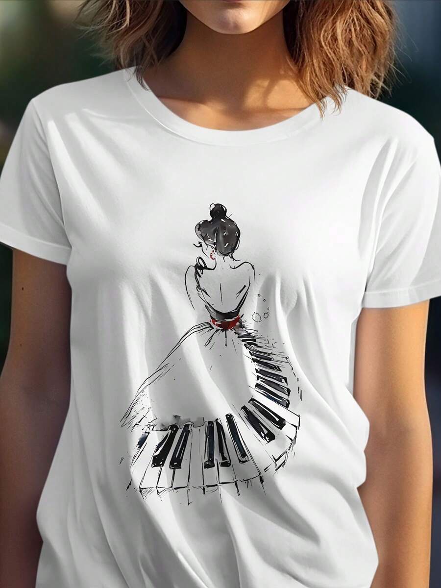 Elegant Women's T-Shirt With Ballet And Piano Print, Soft And Breathable, Simple Feminine Silhouette, Elastic T-Shirt For All Seasons, Suitable For Concerts, Theaters And Daily Casual Wear, White Round Neck Top, Theatrical Clothing, Comfortable Fit. - 白色 - 查看 1