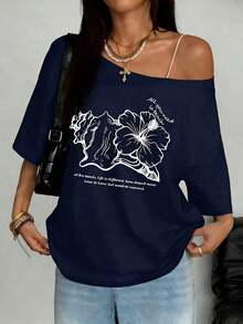 Y2K style,Fashionable styel,2026 newest,cute style,Causal style,blusas para mujer>ropa. Camiseta oversize de talla grande para mujeres con estampado gráfico de fruta naranja y cuello asimétrico, estilo Y2K, para el verano180g(S-XXXL) - Azul marino - Ver 3